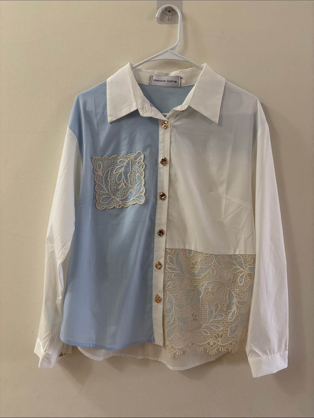 Two-Tone Light Blue & White Lace Panel Casual Button-Down Shirt